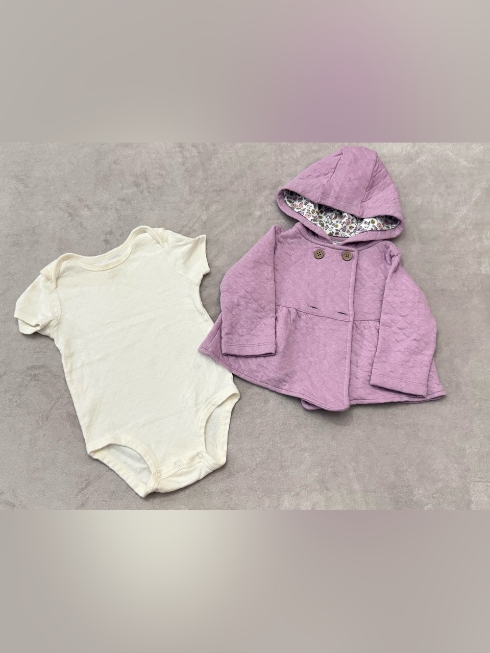 Carter’s Baby Girl Hooded Jacket & Bodysuit Set 12M Purple Quilted Cotton Floral